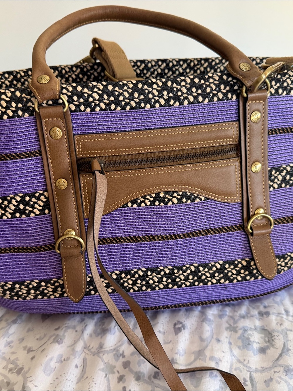 Brown Leather-Trim Purple Stripe Tote Bag